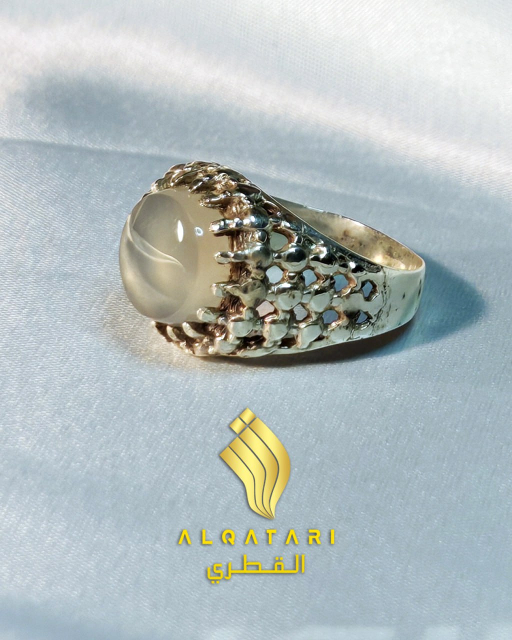 Dur e Najaf handmade ring white moonstone men’s crown ring with claw prongs and lattice band by Al Qatari Gallery
