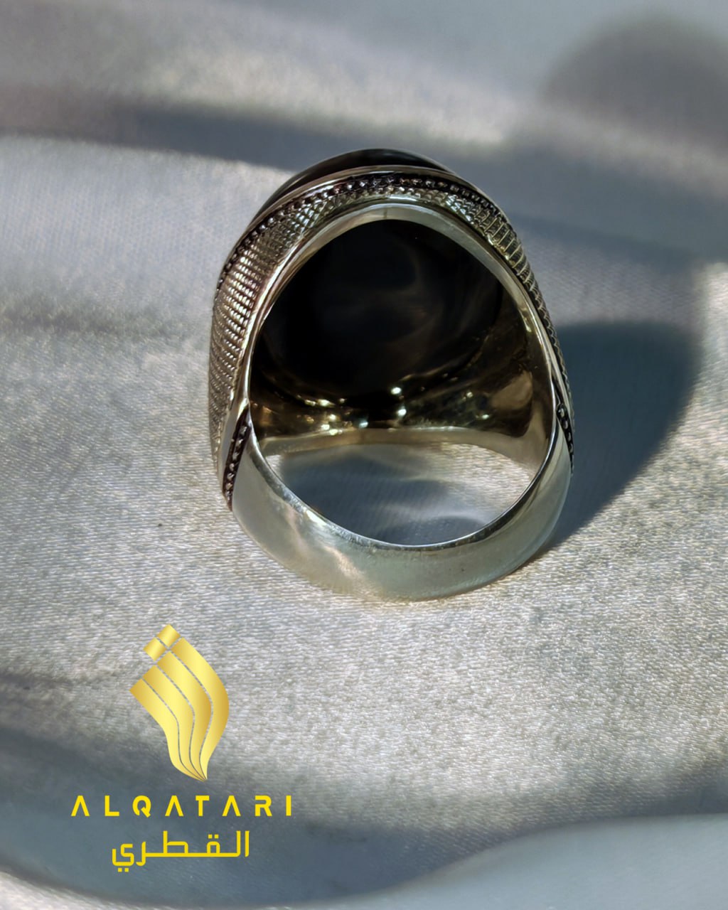 Underside detail of handcrafted black aqeeq ring