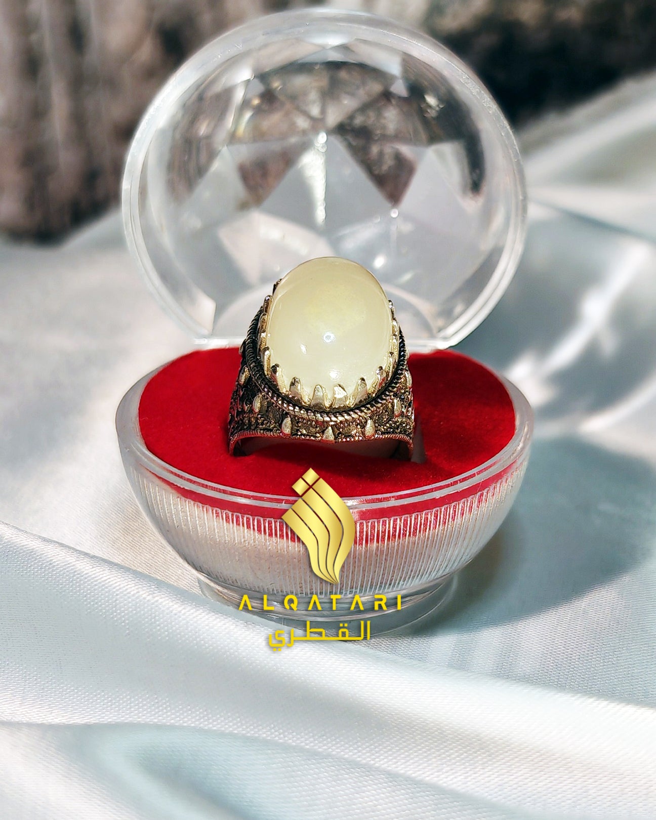 Elegant white aqeeq gemstone men’s ring in vintage oxidized silver setting, showcased in luxury packaging from Al Qatari Gallery.